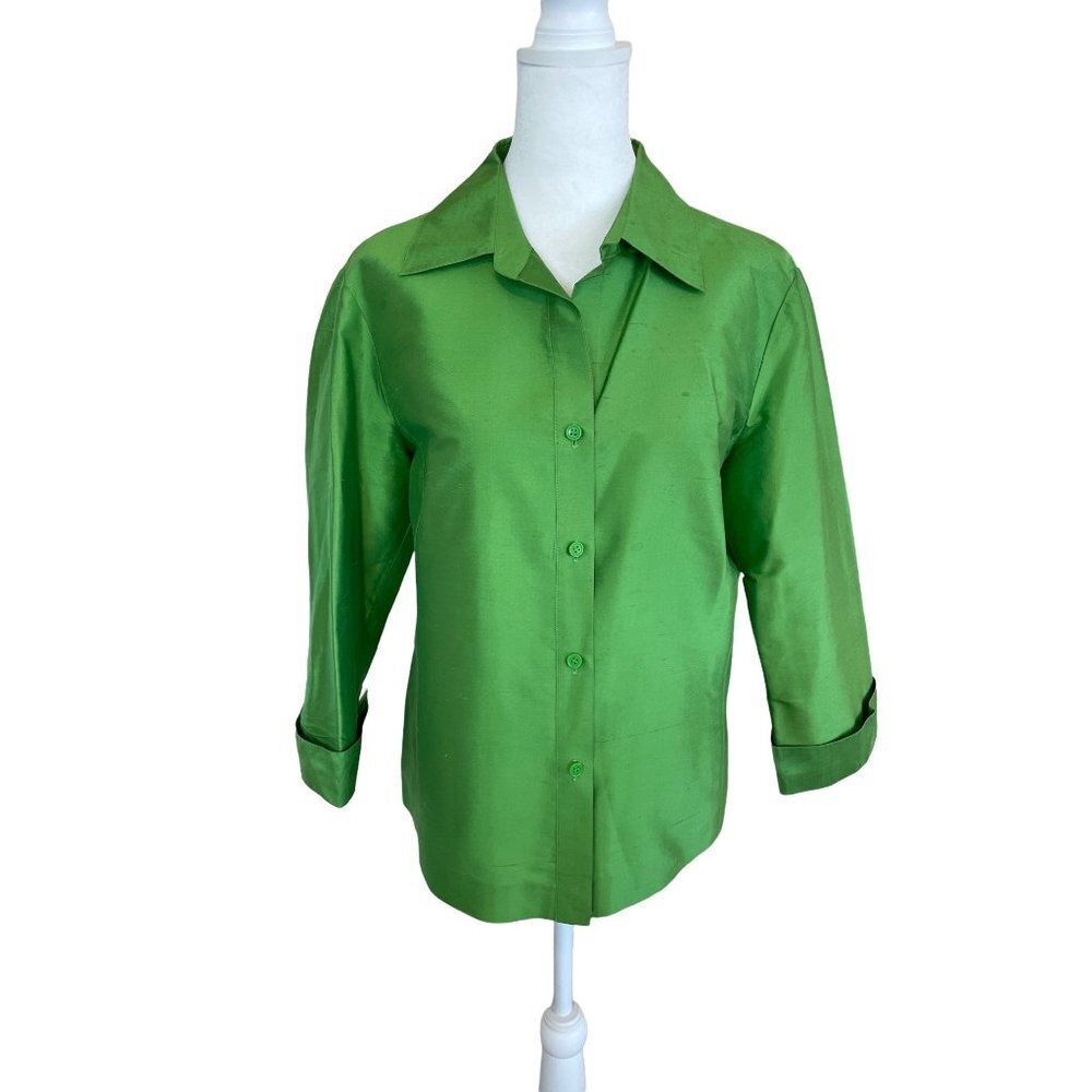 Green Silk 3/4 Sleeve Button Up Collared Blouse Sz 8